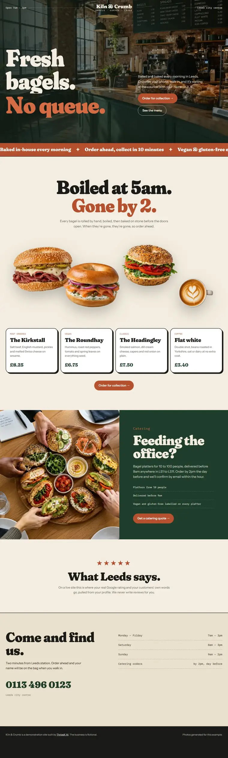 The Kiln & Crumb example site, a bagel café in Leeds